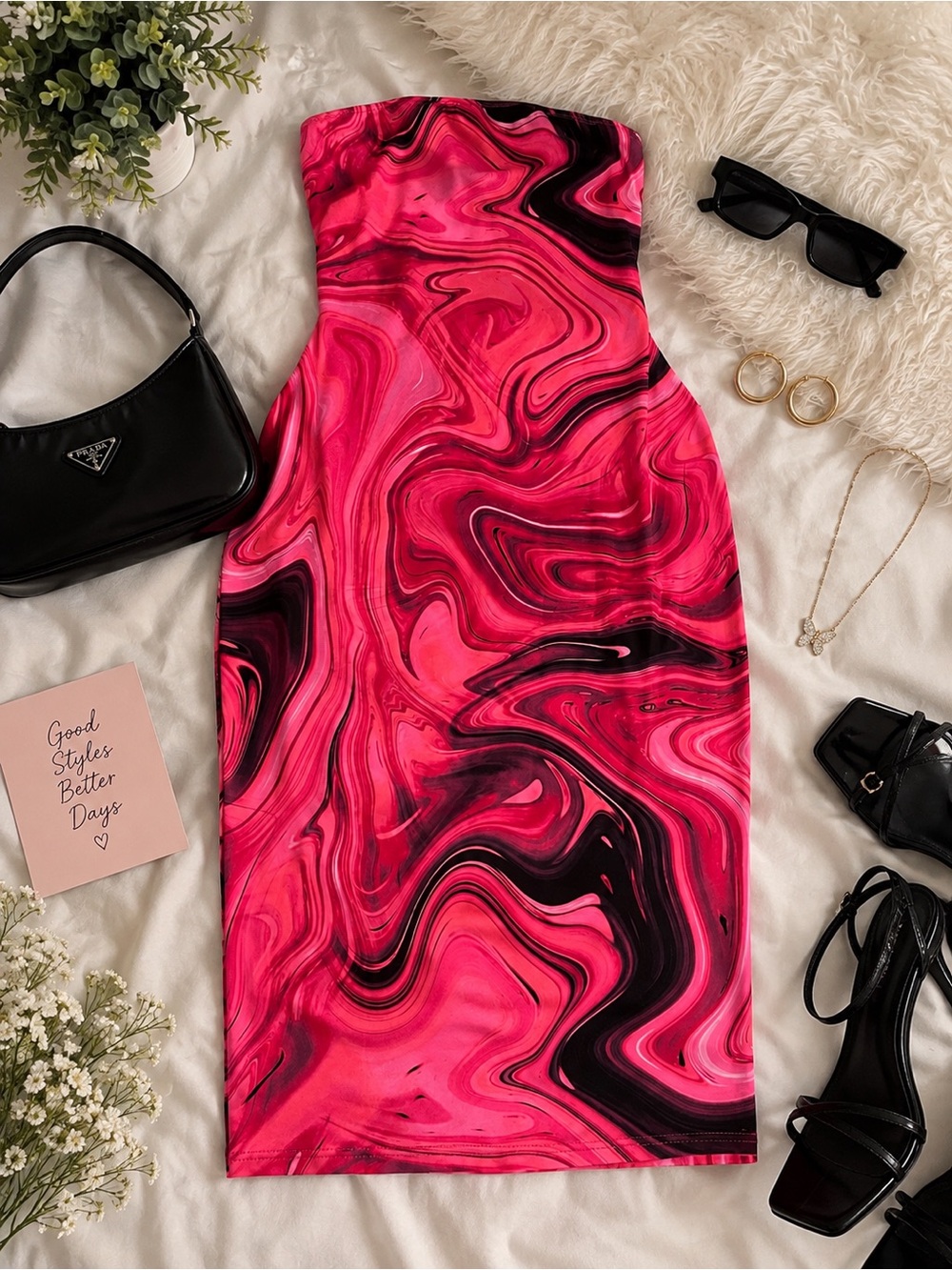 Strapless Pink Marble-Print Bodycon Dress